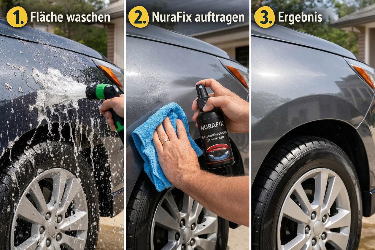 3-Schritt-Anleitung: Fl&auml;che waschen, NuraFix auftragen, Ergebnis