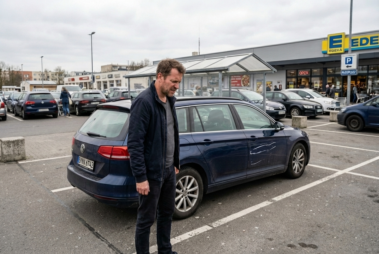 Mann steht vor zerkratztem Auto